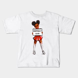 Inspirational motivational affirmation black anime girl cheerleader with Afro hair in puffs, brown eyes and dark brown skin side profile. Hair love ! Kids T-Shirt